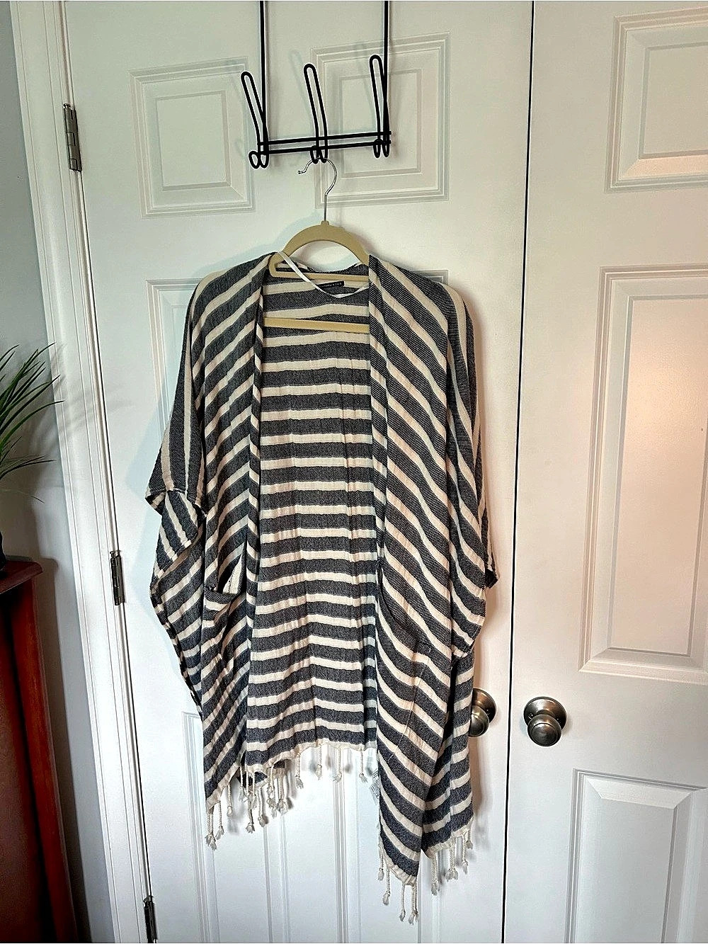 Abercrombie & Fitch Striped Fringe Poncho in Blue & Cream Like New